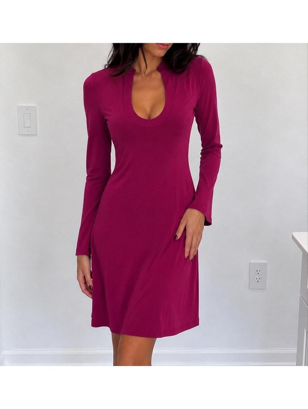Muse Boston Proper Pink Jersey Knit Mini Dress XS Long Sleeve Deep Scoop  XS